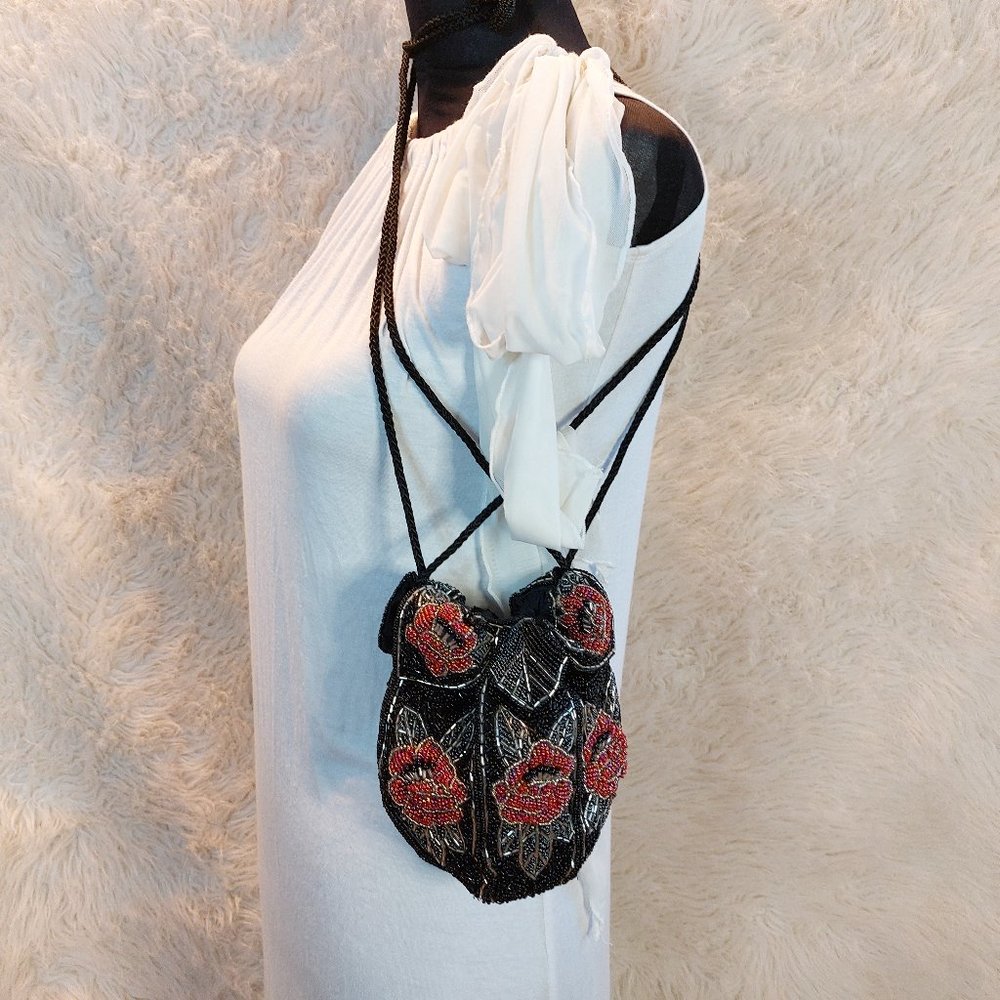 Vintage Handmade Black and Red Floral Beaded Draw String Pouch Bag